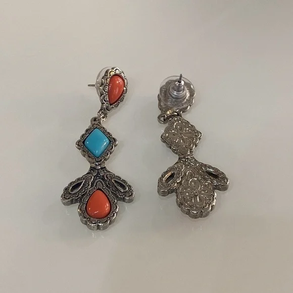 Silver Tone and Orange Dangle Earrings - Picture 2 of 4